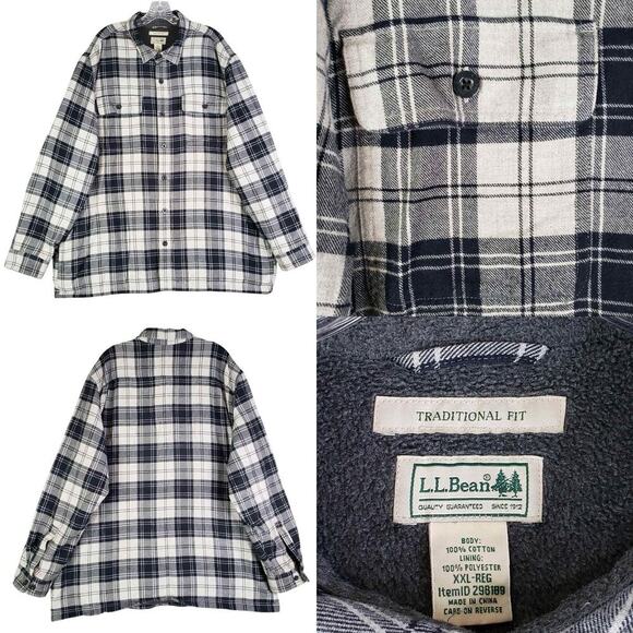 LL Bean Shirt Mens Flannel LS Button Up Size XXL Green Shacket Fleece Lined - Picture 1 of 9
